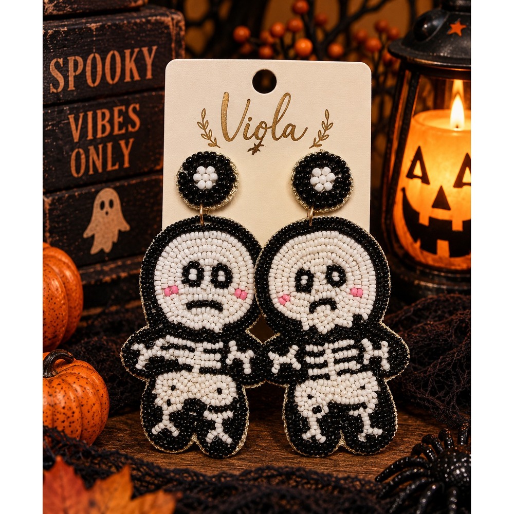 Skeleton Seed Bead Earrings Halloween Beaded Statement Dangle Black White